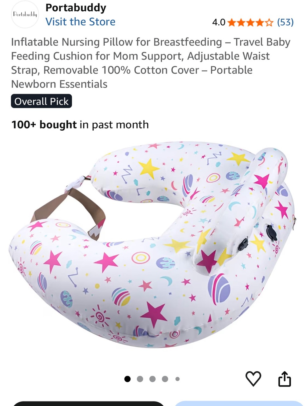 Portabuddy Inflatable Nursing Bib Pillow - White with Pink & Yellow Stars